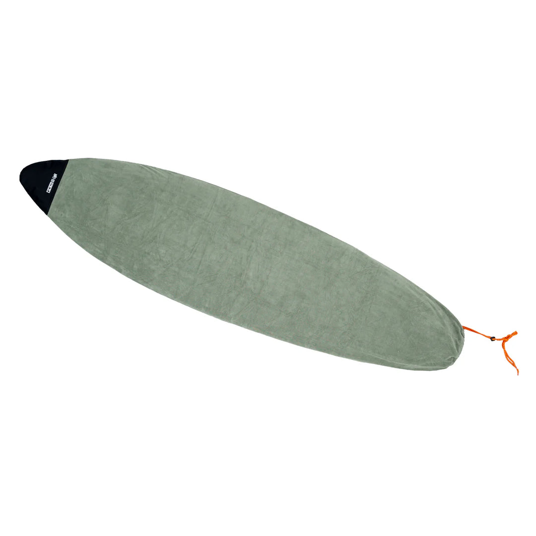 Green surfboard cover with a black tip on a white background