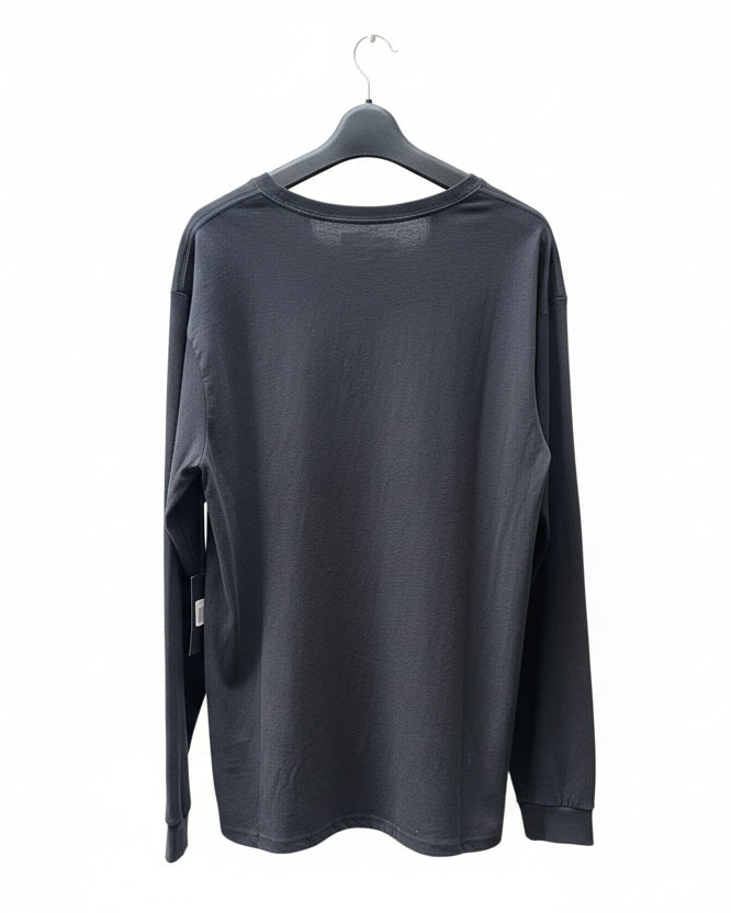 black long-sleeve shirt on a hanger against a white background