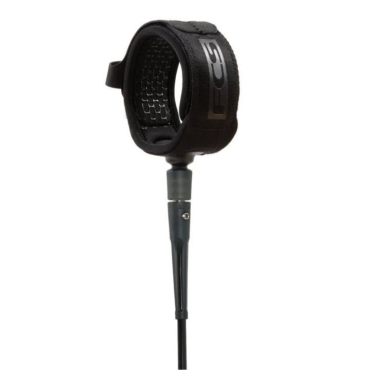 Black surfboard leash with a FCS brand logo on a white background