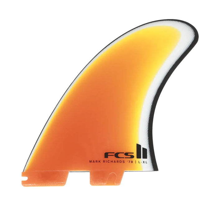 Orange and yellow surfboard fin with &
