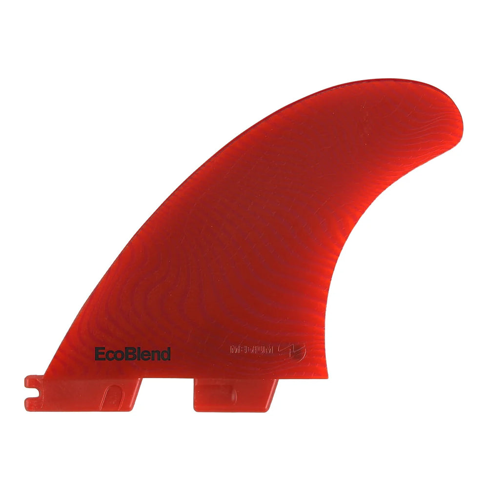 Red surf fin with 'EcoBlend' branding on a white background
