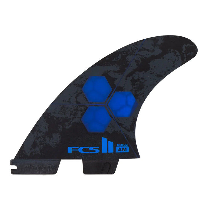 Black and blue surfboard fin with FCS logo on a white background