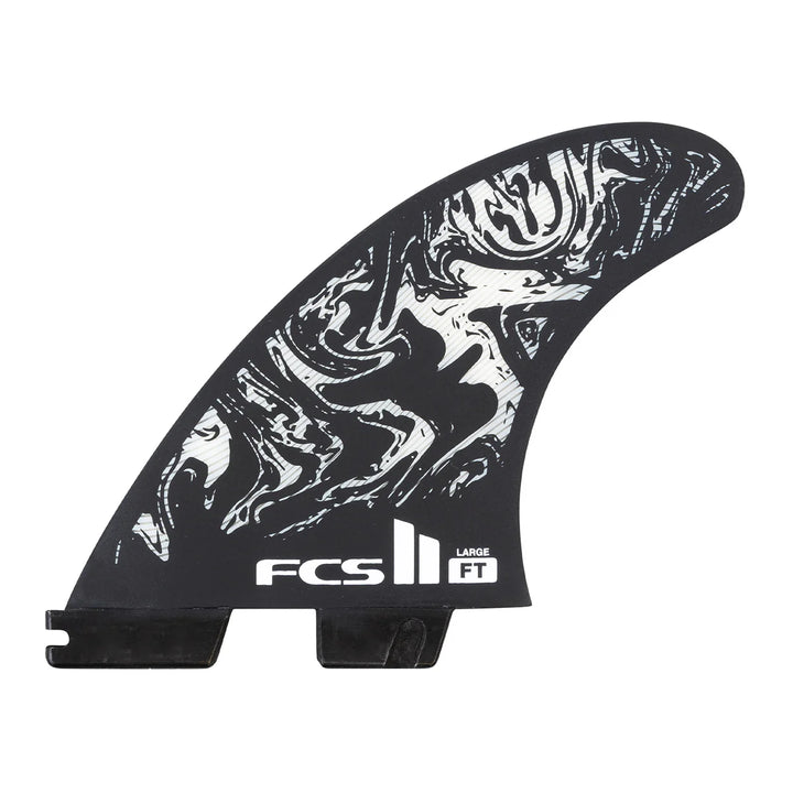 Black and white FCS II surfboard fin on a white background