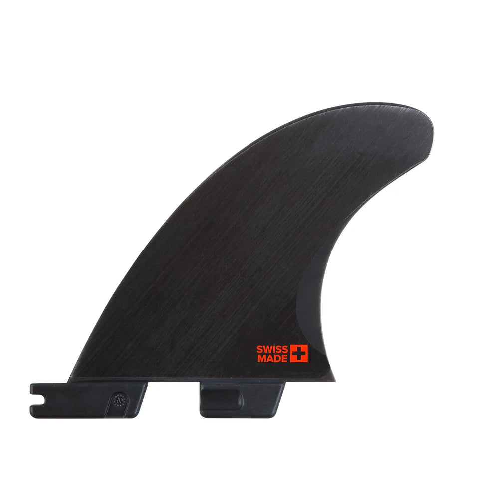 Black surfboard fin with 'Swiss Made' logo on a white background