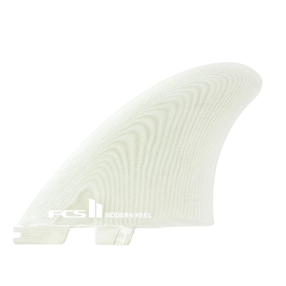 White surf fin with FCS II branding on a white background