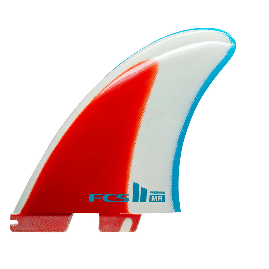Red, white, and blue surfboard fin with FCS branding on a white background