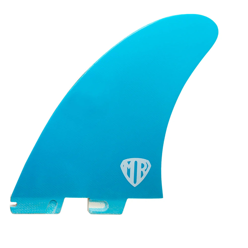 Blue surfboard fin with a logo on a white background