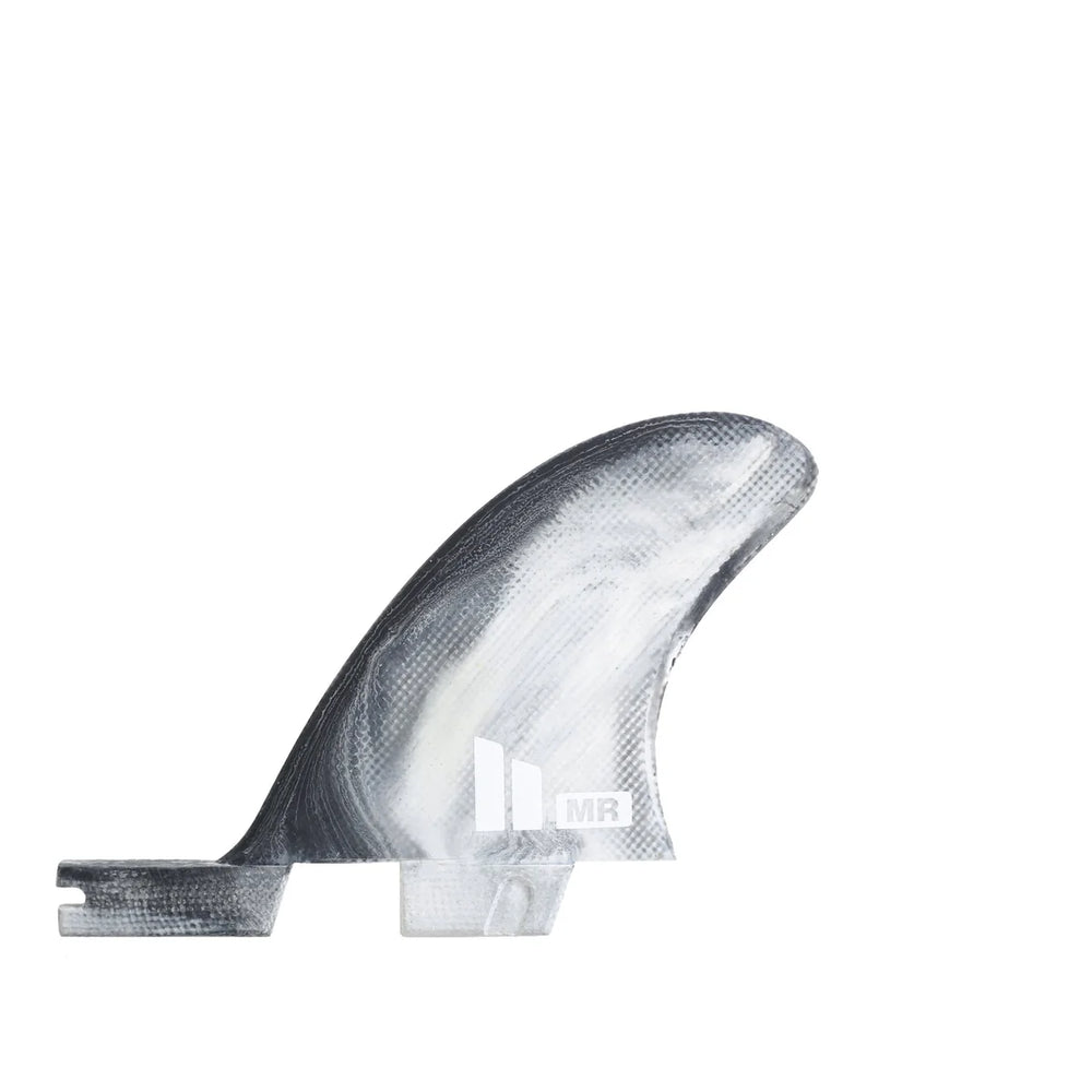 Surfboard fin with 'MR' branding on a white background