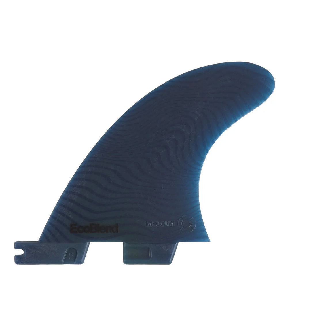 Blue surf fin with 'EcoBlend' branding on a white background