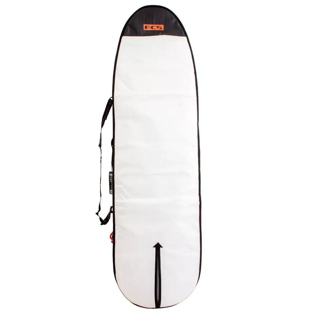 White FCS surfboard bag with black accents and a brand logo on a white background