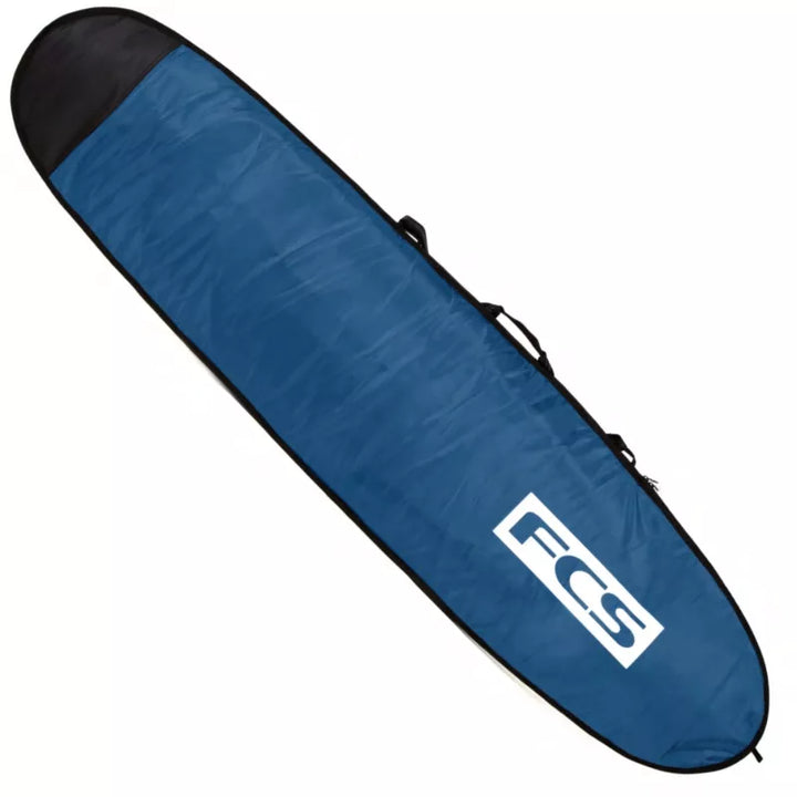 Blue surfboard bag with FCS logo on a white background