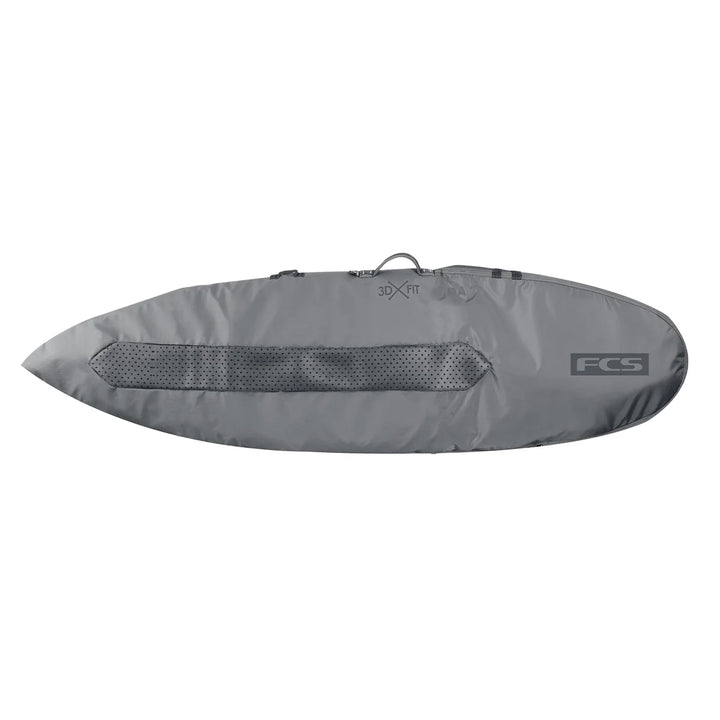 Grey surfboard bag with FCS logo on a white background
