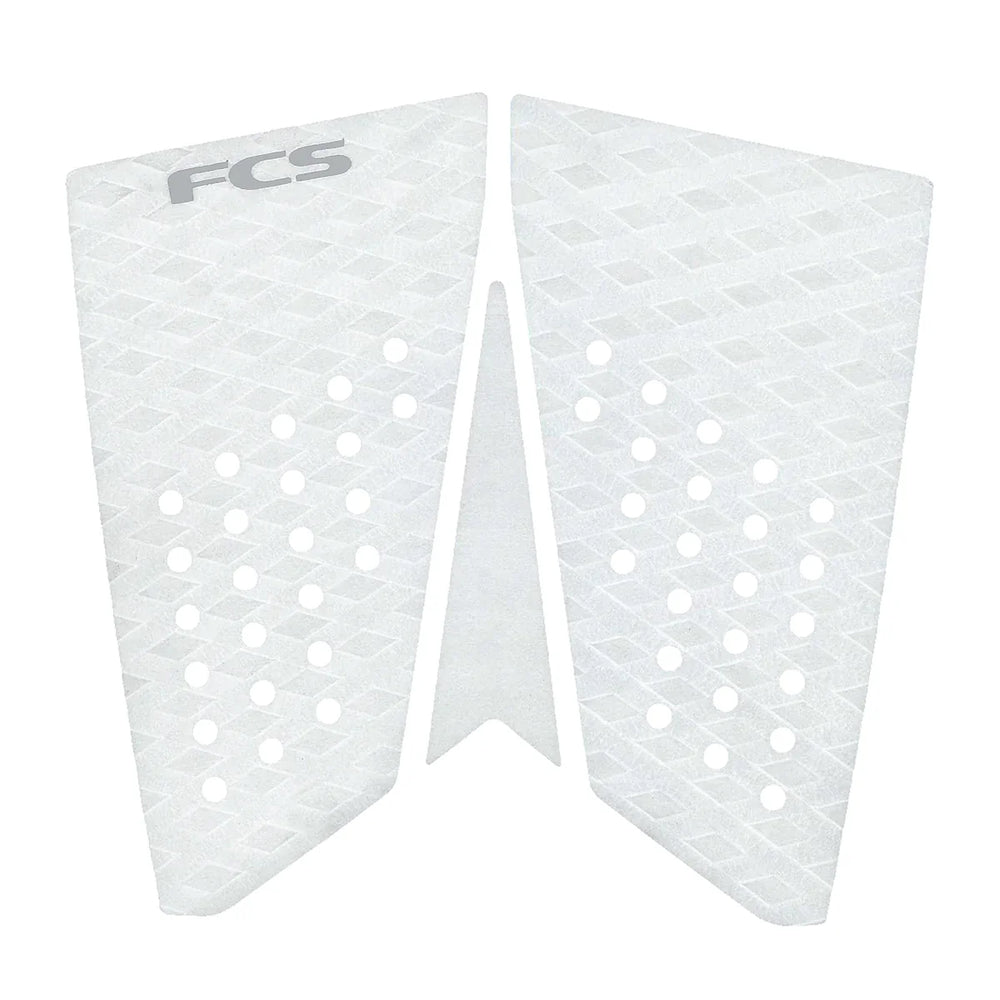 Two-piece, white FCS surfboard deck pad on a white background