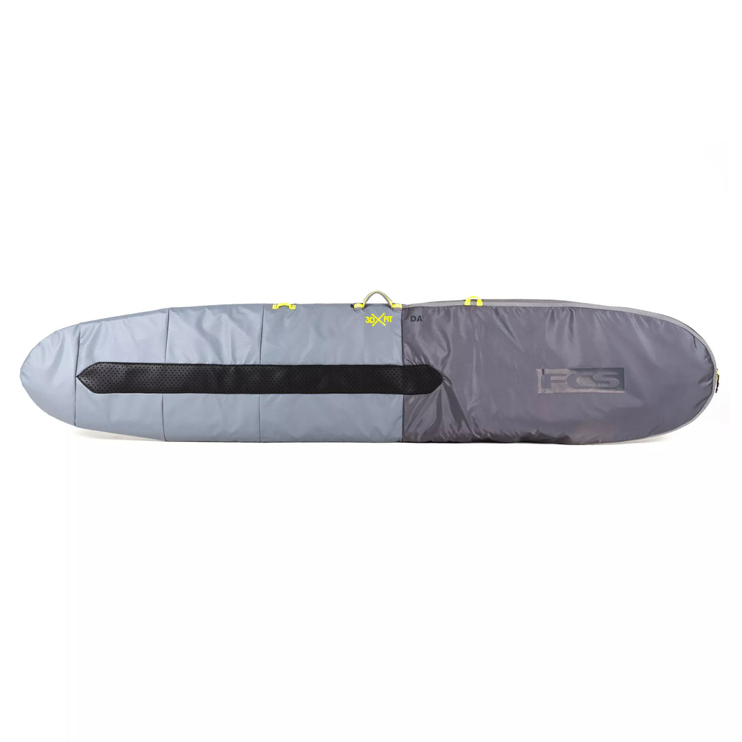 Grey and black surfboard bag with FCS logo on a white background