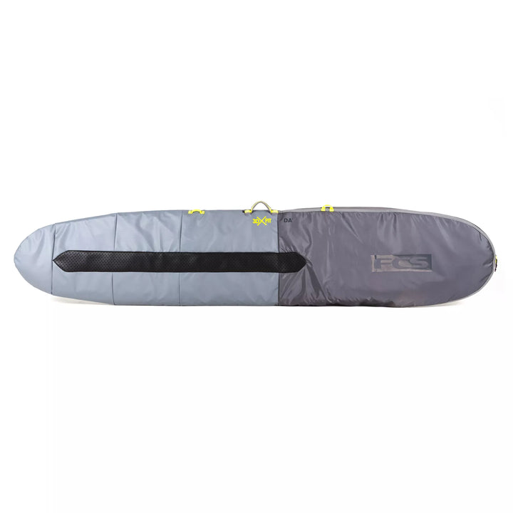 Grey and black surfboard bag with FCS logo on a white background