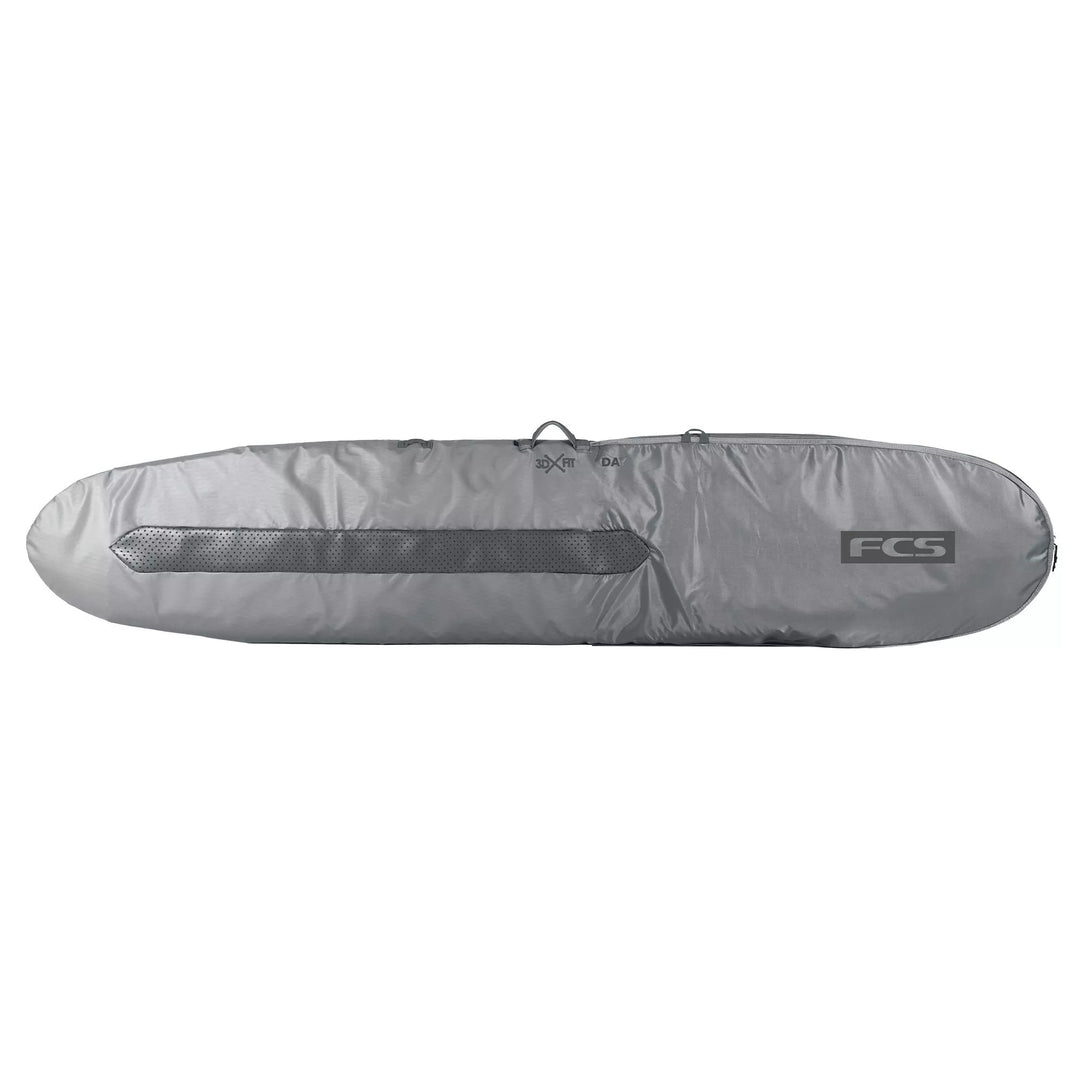 Grey surfboard bag with FCS logo on a white background