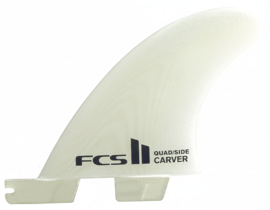 White surf fin with 'FCS' branding on a white background