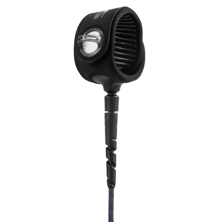 Black ankle strap of a surfboard leash on a white background