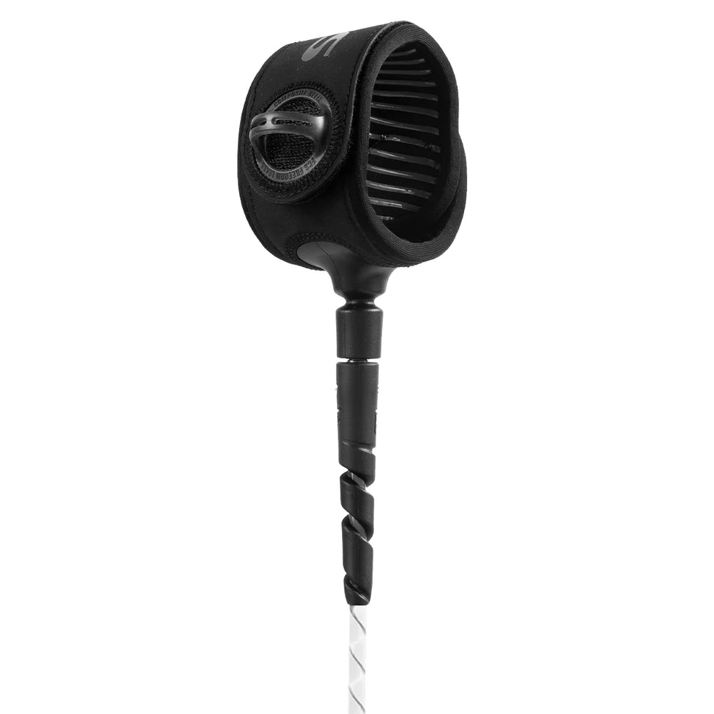 Black and white ankle strap of a surfboard leash on a white background