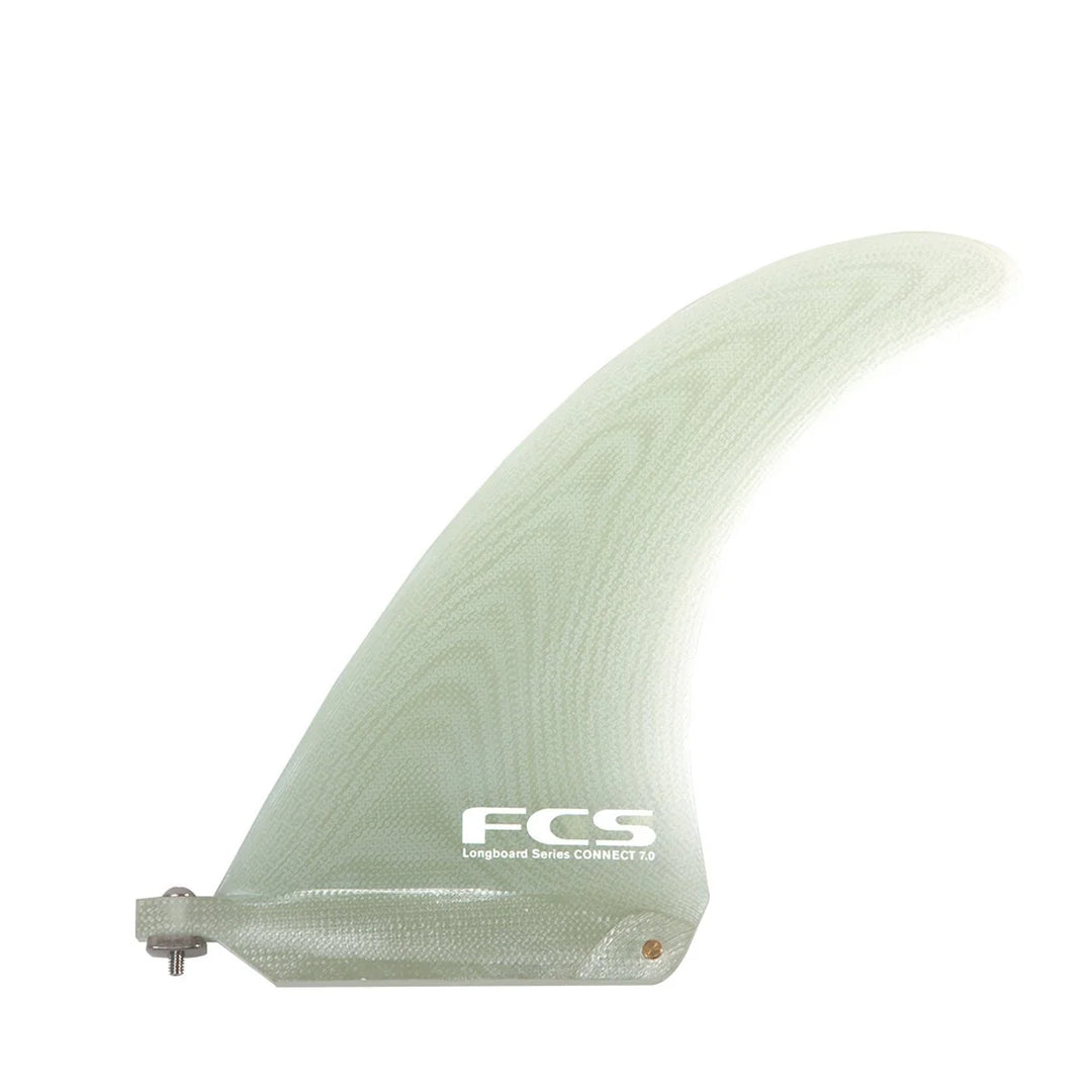 Light green surf fin with 'FCS' logo on a white background
