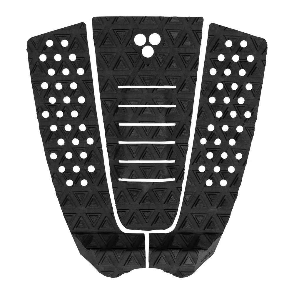 Black textured surfboard deck pad with geometric pattern on a white background