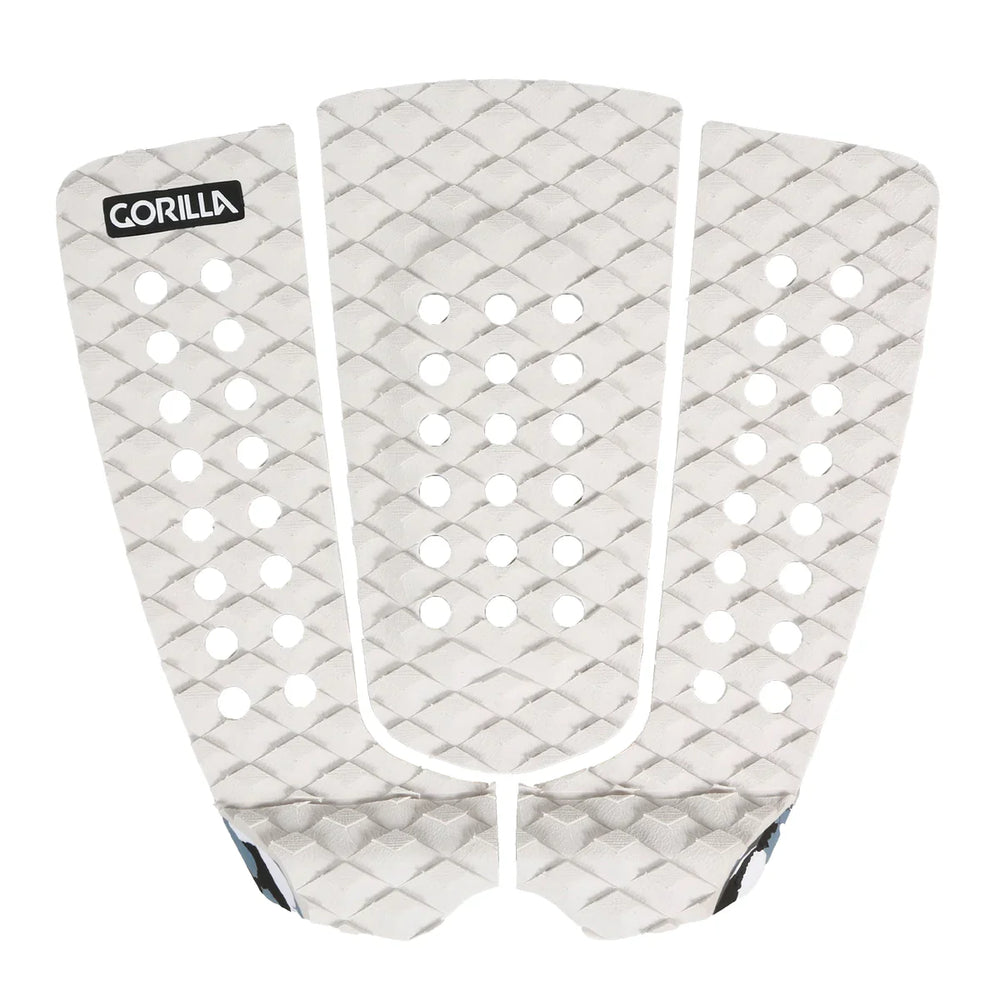 Three white textured surfboard tail pad pieces with a 'Gorilla' brand label on a white background