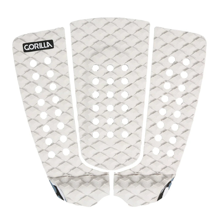 Three white textured surfboard tail pad pieces with a &