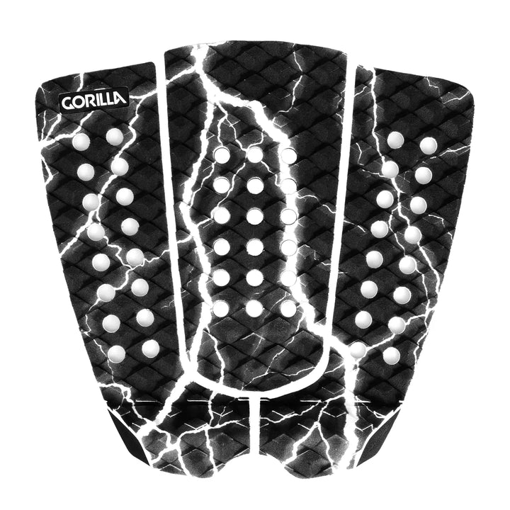 Gorilla brand surfboard tail pad with black and white lightning design on a white background