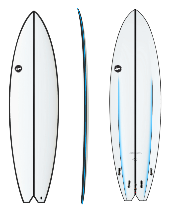 Surfboard design with side, top, and front views on a white background