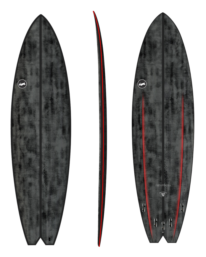 Black and red surfboard design on a white background