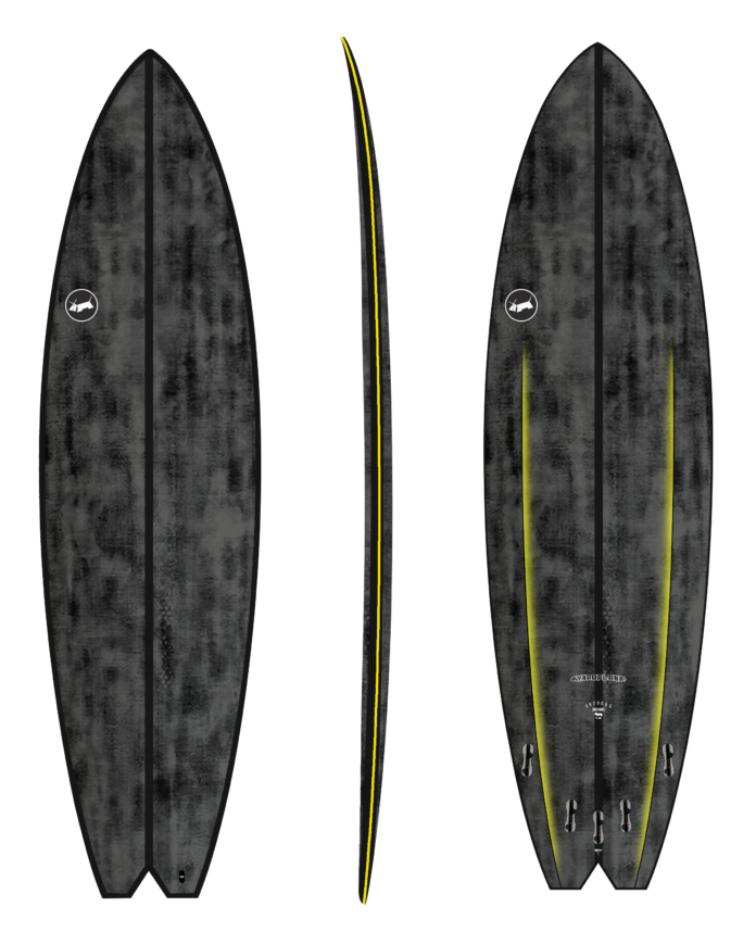 Black surfboard with a yellow stripe on a white background