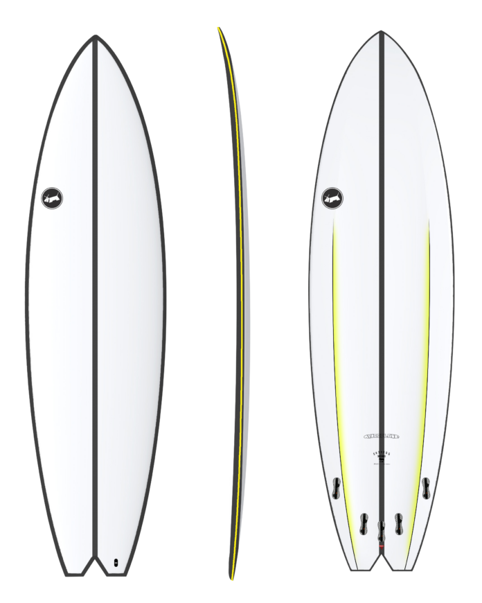 Three views of a surfboard design on a white background