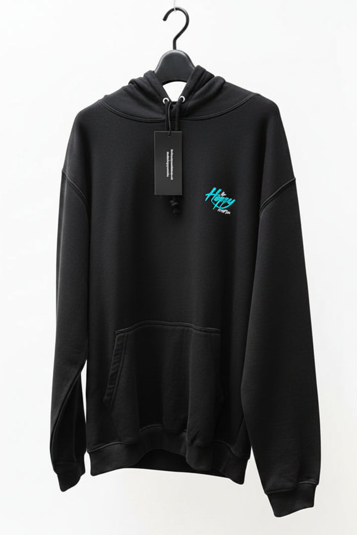 Black hoodie with a Happy Surf Co. brand logo on a white background