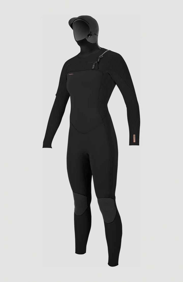Black wetsuit with a hood on a light grey background