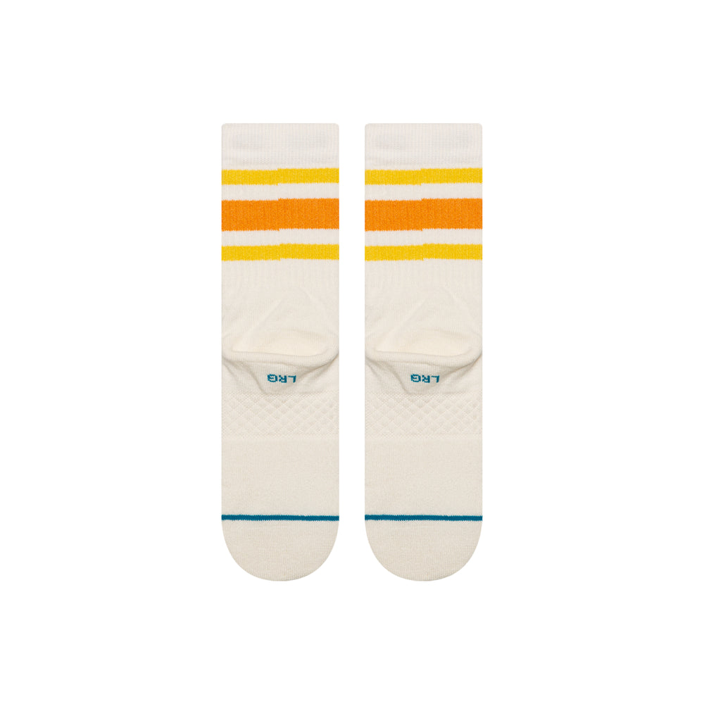 Pair of socks with yellow and orange stripes on a white background