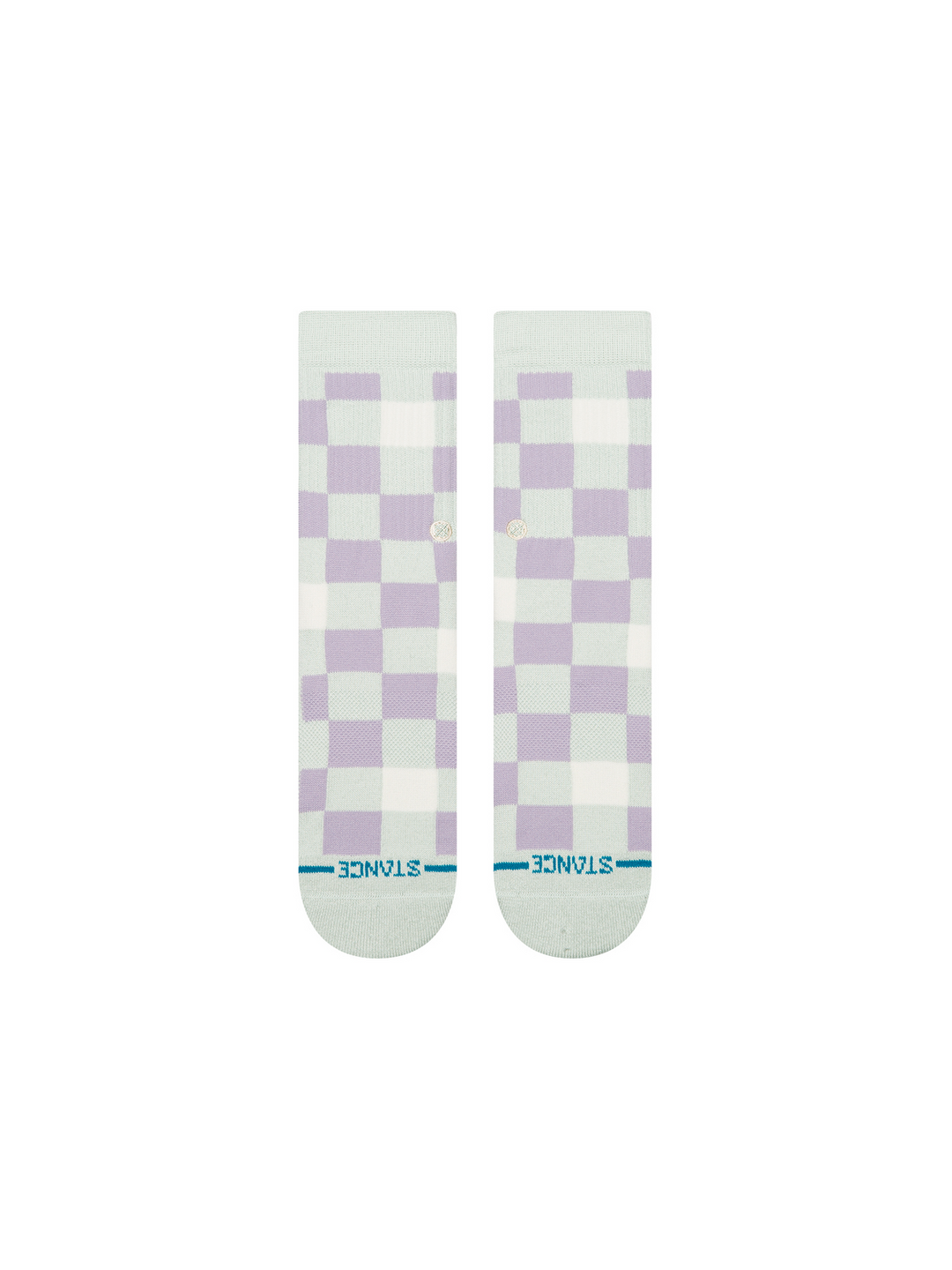 A pair of Stance crew socks with a lavender and white checkerboard pattern on the upper half and a light mint green toe and heel section. The brand name &