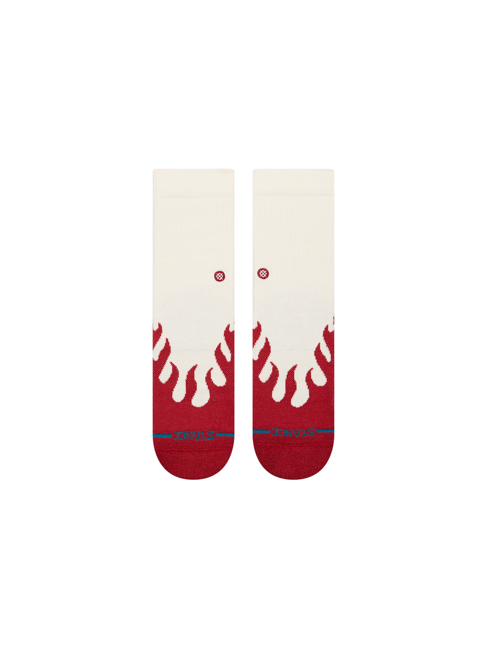 A pair of STANCE ankle socks with a cream upper and a red flame pattern at the toe, featuring a blue STANCE logo on the TOES.