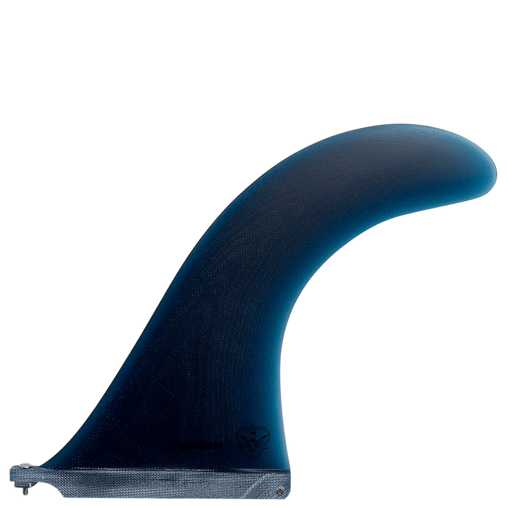 Blue surfboard fin on a white background