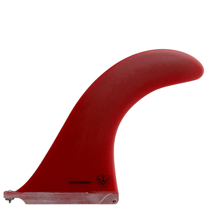 Red surf fin with a brand logo on a white background