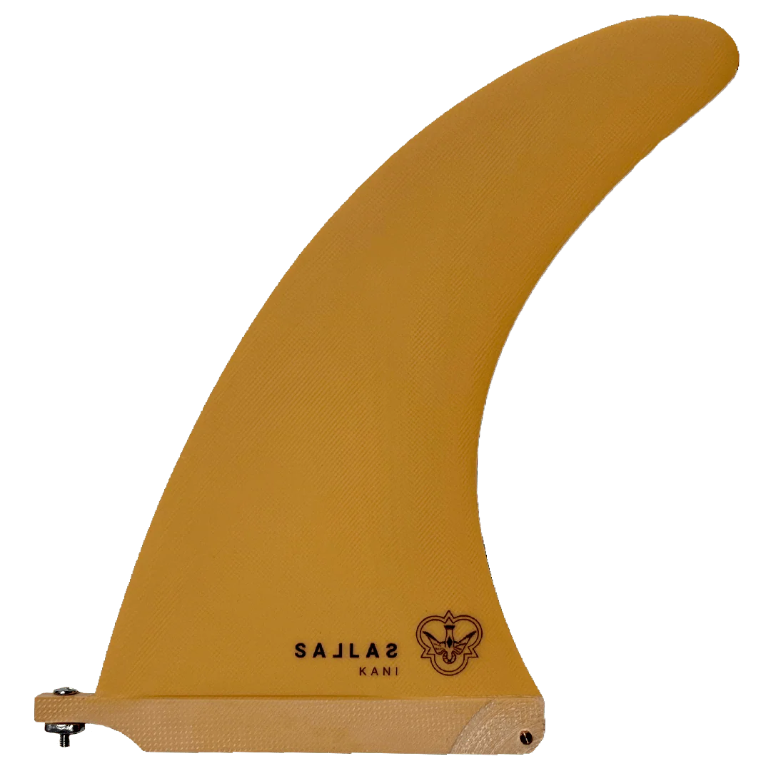 Papaya coloured surfboard fin with Sallas Kani logo on a white background