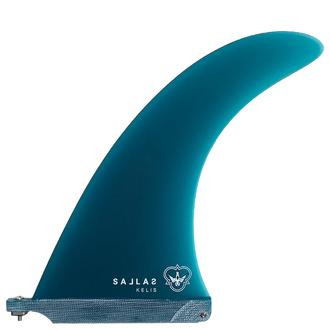 Blue surf fin with 'Sallas Kelis' branding on a white background