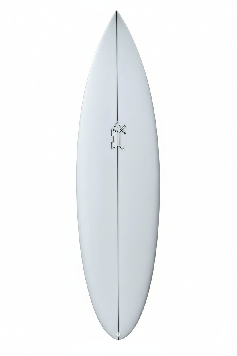 White surfboard with dog icon on a white background.