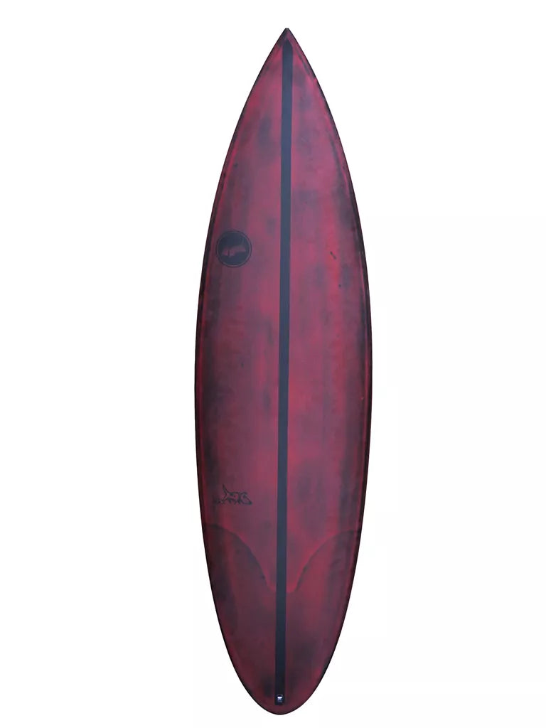 Red and black surfboard with a logo on a white background