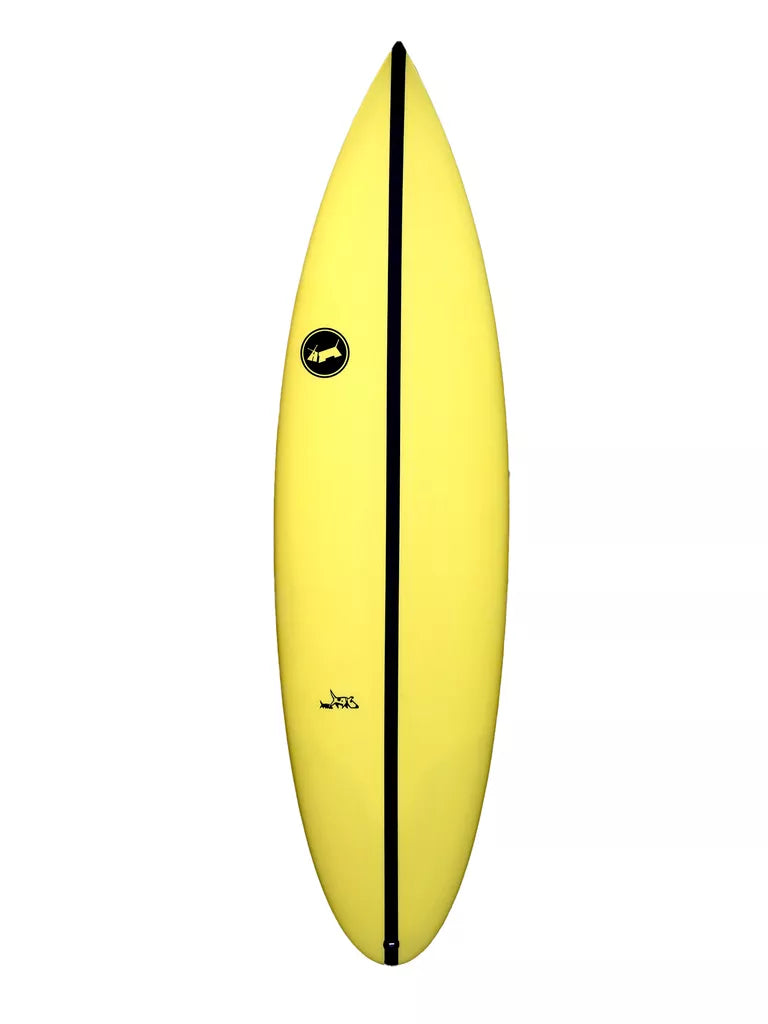 Yellow surfboard with a black stripe on a white background