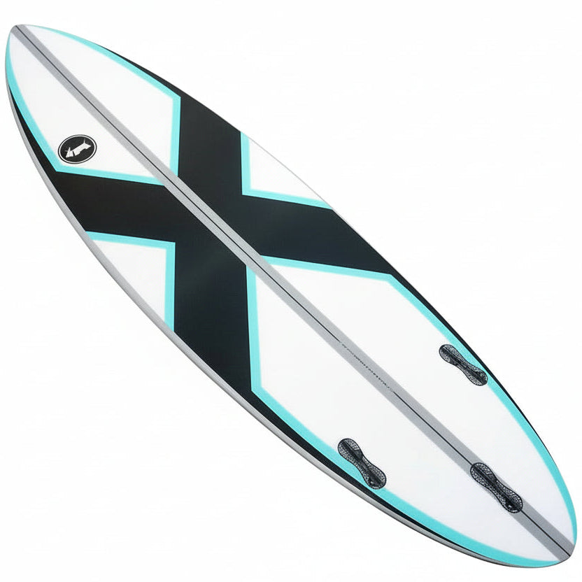 White surfboard with a black cross and light blue trim design, lying on a white surface