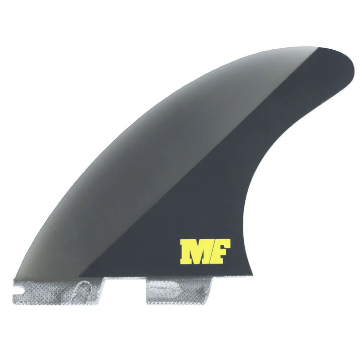 Black surf fin with yellow MF logo on a white background
