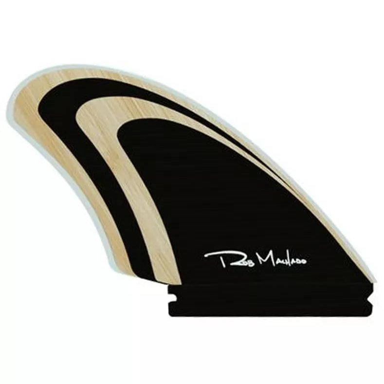Bamboo and black surfboard fin with 'Rob Machado' signature on a white background