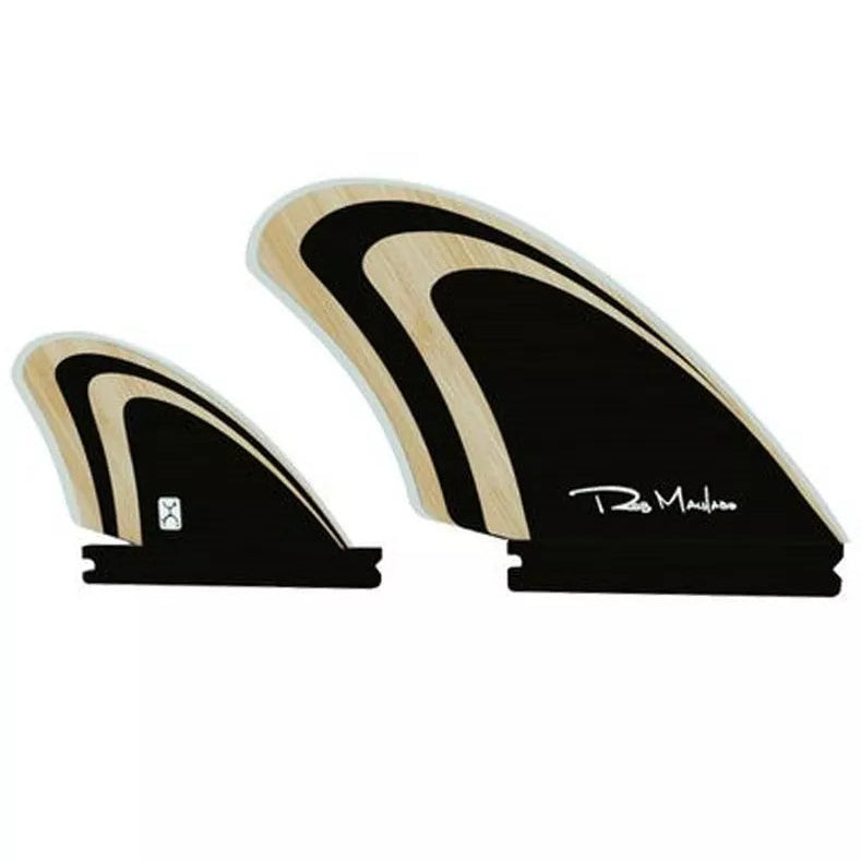 Bamboo and black surfboard fins with 'Rob Machado' signature on a white background