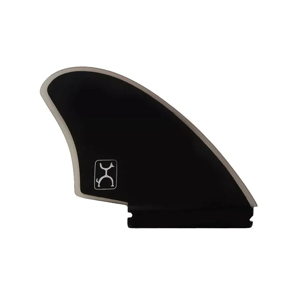 Black and grey surfboard fin on a white background
