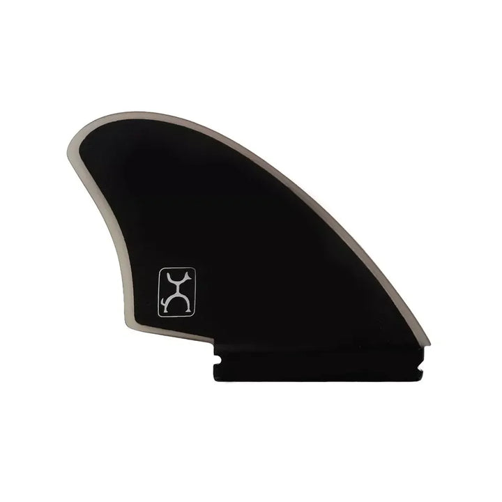 Black and grey surfboard fin on a white background
